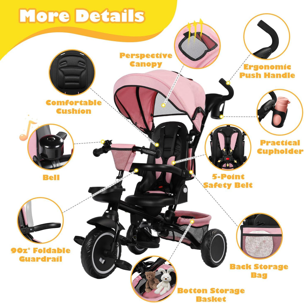 TODEFULL Folding Kids Tricycle, 8 in 1 Toddler Trike W/Removable & Adjustable Canopy, Parent Handle, 5-Piont Harness, Toddler Bike Tricycle for Kids 1-6 Years, EVA Wheels, Storage Basket, Pink