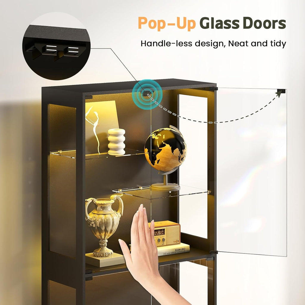 Lamtor 69-Inch Glass Display Cabinet - Curio Cabinet with RGB Lighting, Adjustable Shelves Display Case, for Game Room, Living Room, Bedroom, Black