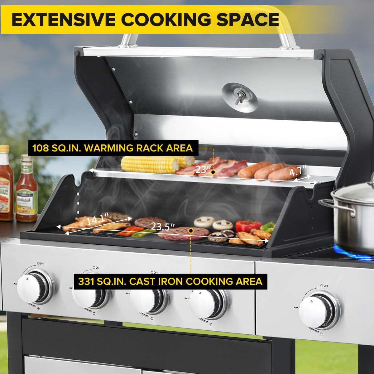 CiG Garden 4 Burner Propane Gas Grill with Side Burner, 52,000 BTU BBQ Grill with Lid Cast Iron Grates and Double-layer Stainless Steel, Outdoor Barbecue Grill Perfect for Balcony, Backyard, Camping