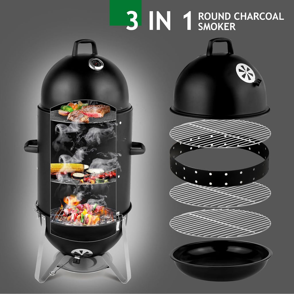 LEADZM 4-Tier 3-in-1 Vertical Charcoal Grill, BBQ Charcoal Smoker with Built-in Thermometer, Air Vent, and Access Doors, Perfect for Camping, Picnics, Backyard BBQs, and Tailgating Parties