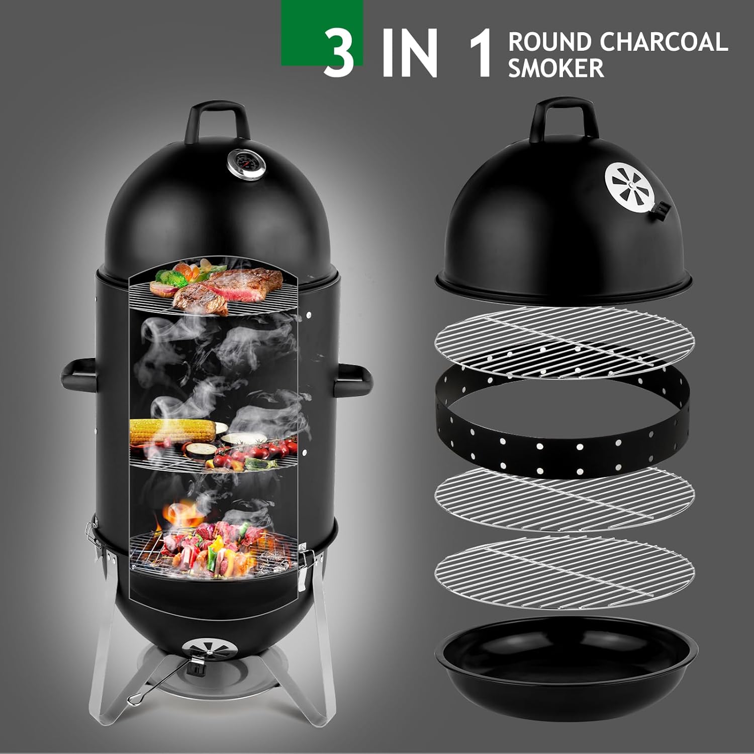 LEADZM 4-Tier 3-in-1 Vertical Charcoal Grill, BBQ Charcoal Smoker with Built-in Thermometer, Air Vent, and Access Doors, Perfect for Camping, Picnics, Backyard BBQs, and Tailgating Parties