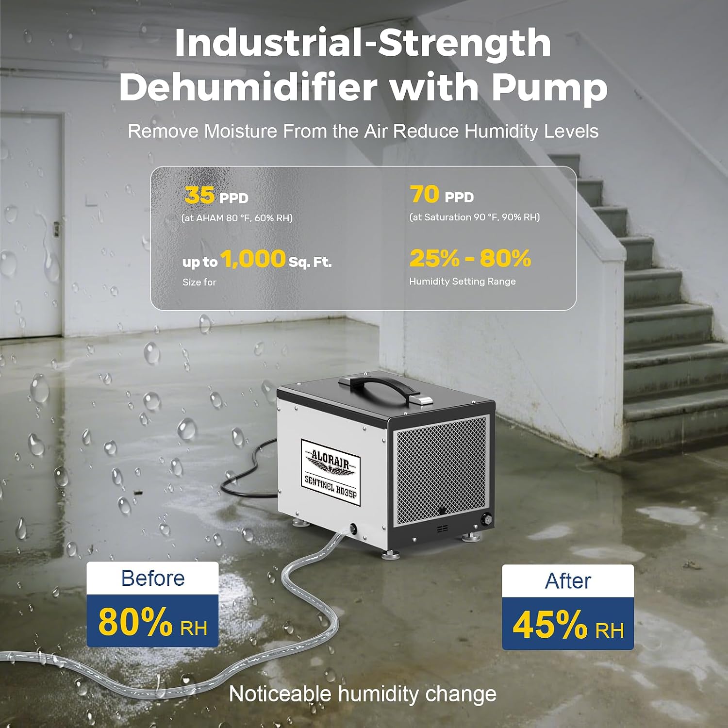 ALORAIR Wi-Fi Crawl Space and Basement Dehumidifier, 70 Pint with Pump, Auto-Defrost, Covers Up to 1000 Sq Ft, Memory Start, cETL Listed, Commercial Grade