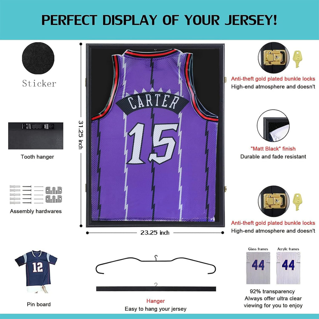 KCRasan Jersey Frame Display Case 4 Pack - Jersey Display Case - Large Lockable Frames Shadow Box with UV Protection for Baseball Basketball Football Soccer Hockey Sport Shirt Uniform, Sticker