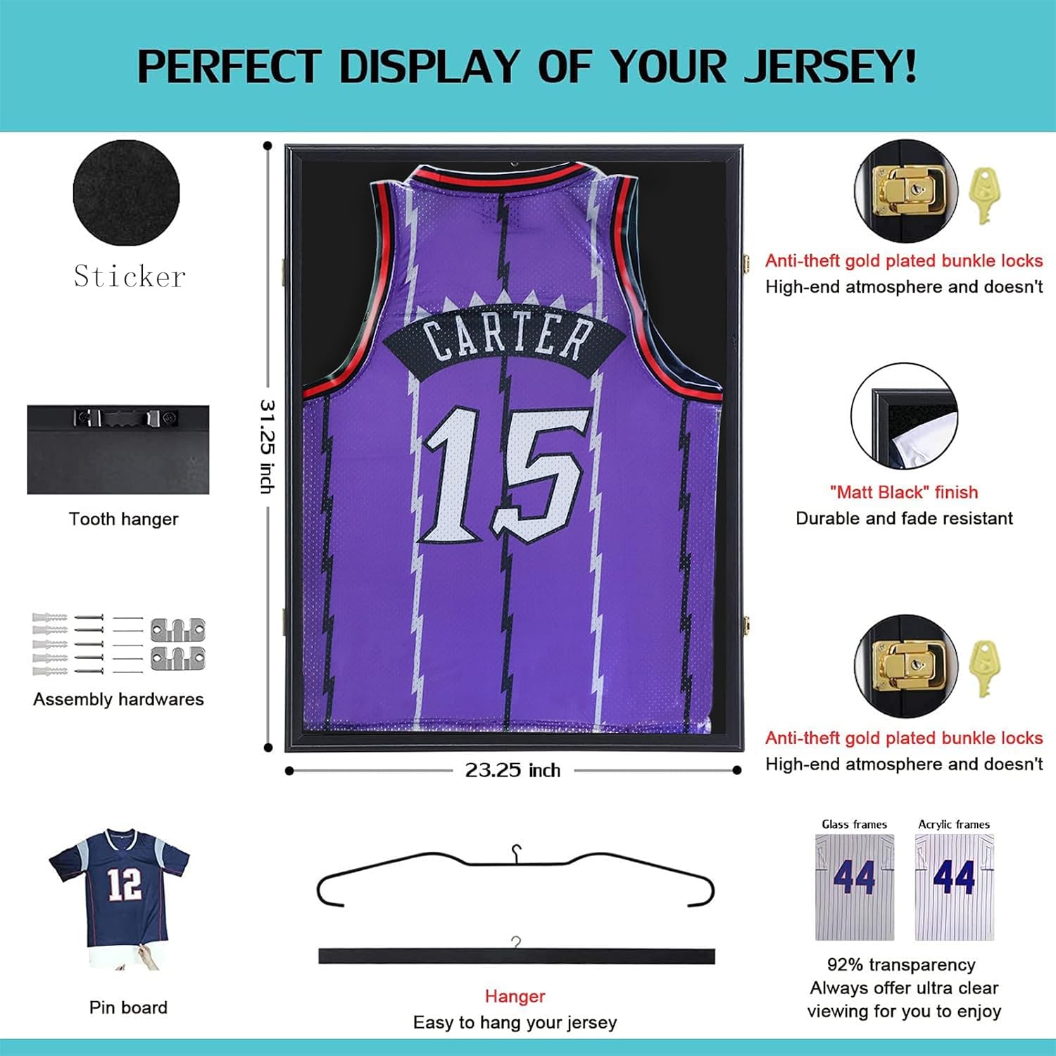 KCRasan Jersey Frame Display Case 4 Pack - Jersey Display Case - Large Lockable Frames Shadow Box with UV Protection for Baseball Basketball Football Soccer Hockey Sport Shirt Uniform, Sticker