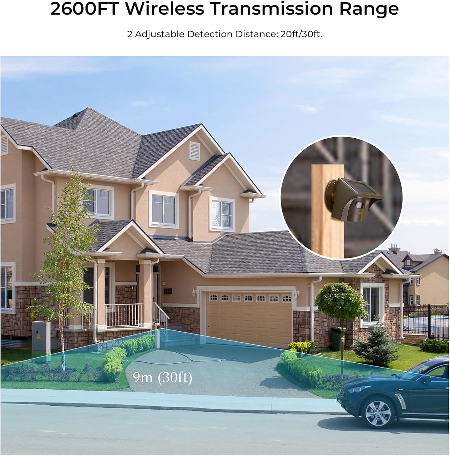eMACROS Solar Wireless Driveway Alarm System (1/2 Mile Range, 1 Receiver & 3 Solar Sensors) - Weatherproof Outdoor Motion Detector for Farm, Long Driveway & Property Security