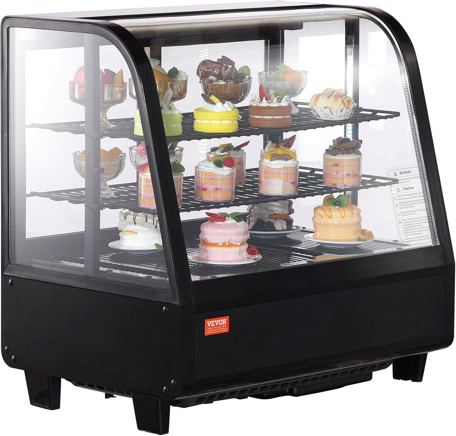 VEVOR 3.5 Cu.Ft Countertop Pastry Case ETL NSF DOE Certified Commercial Display Refrigerator with LED Lighting, Turbo, Frost-Free Air-Cooling, Rear Sliding Door, Curved, Black