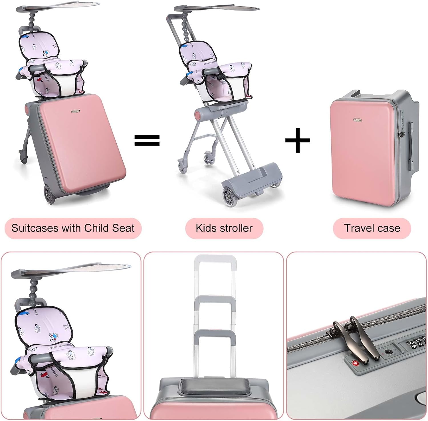Carry on Luggage with Seat for Kids Expandable Ride on Suitcase with Spinner Wheels and Locks for Travel(Pink)