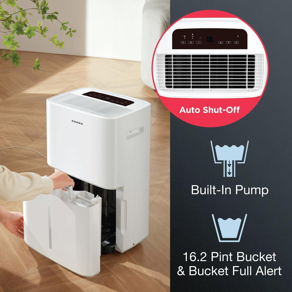 Amana 50-Pint Portable Dehumidifier with Pump for Basement, Garage, Living Room, Attic, 115V, with Auto-Shutoff and Timer, Energy Star, White