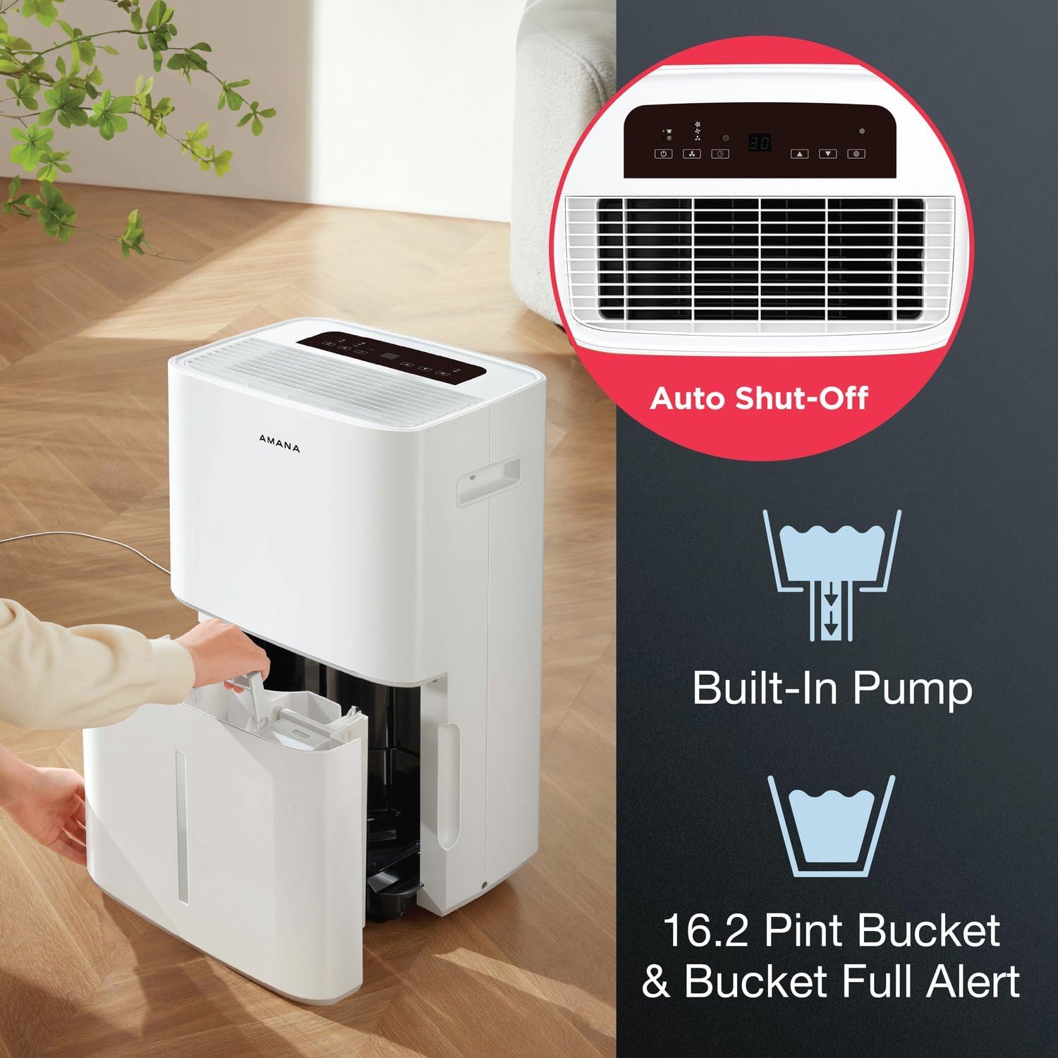 Amana 50-Pint Portable Dehumidifier with Pump for Basement, Garage, Living Room, Attic, 115V, with Auto-Shutoff and Timer, Energy Star, White