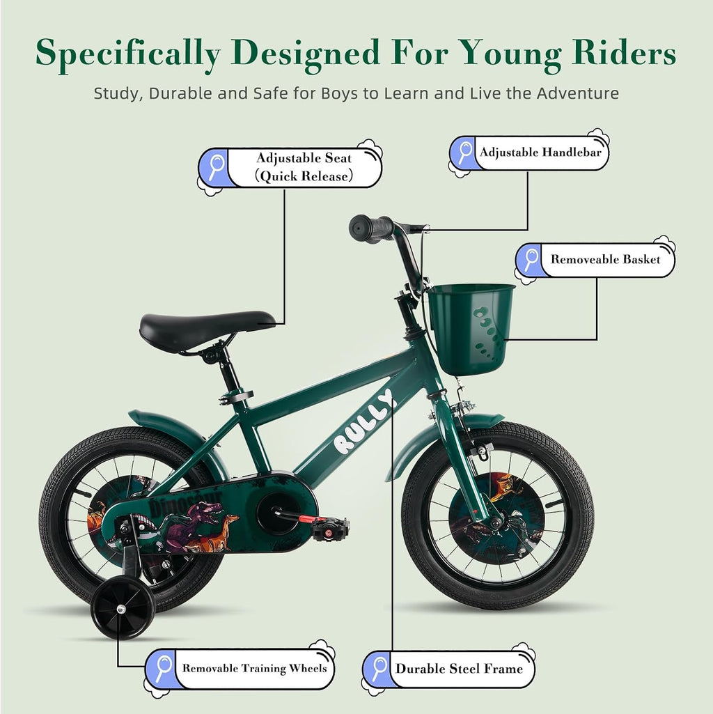 RULLY Dinosaur Kids Bike for Ages 2-7 Years Old Boys, 12 14 16 Inch BMX Style Kid's Bikes with Training Wheels, Children Bicycle for Kids and Toddler, Multiple Colors