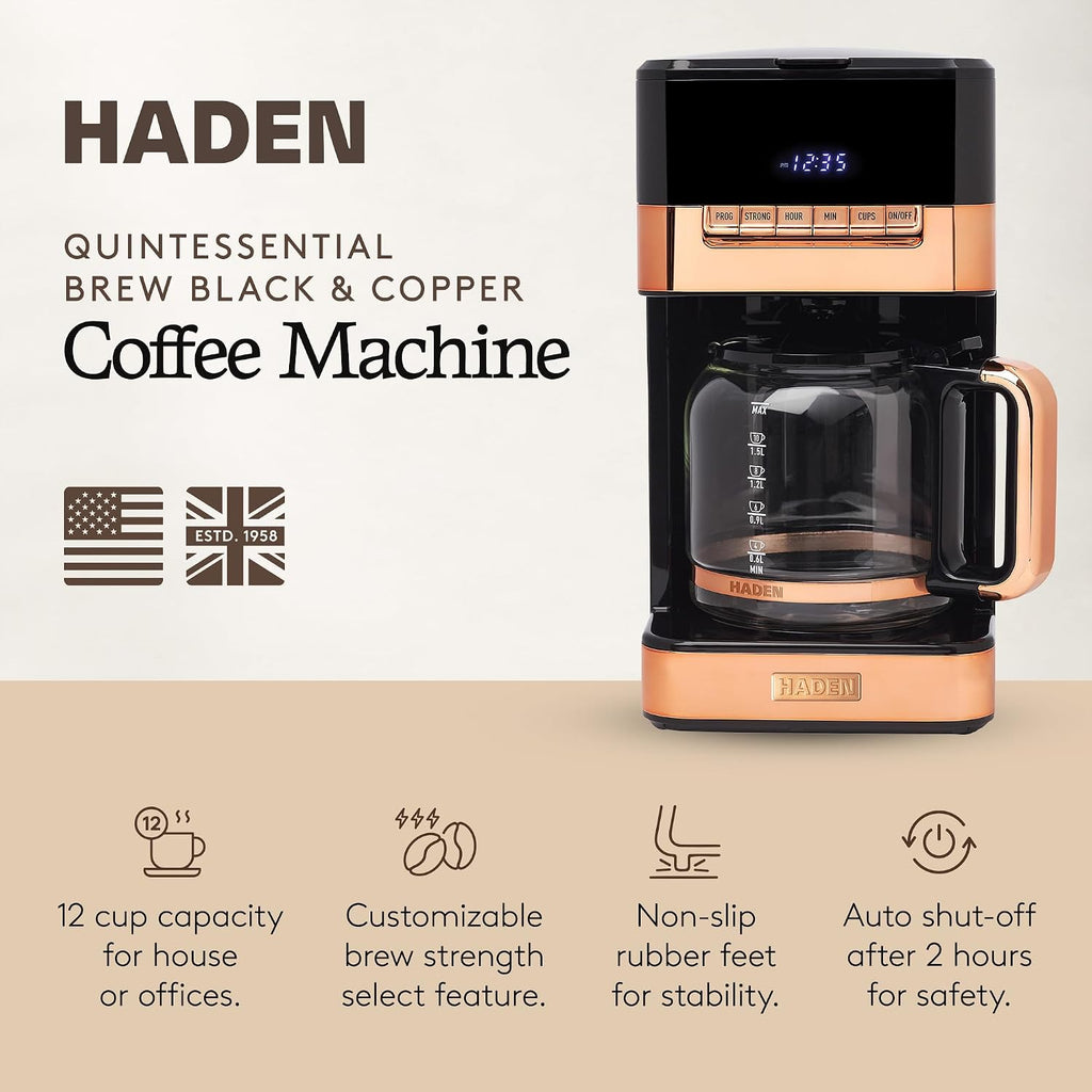 HADEN Quintessential 12 Cup Brew Coffee Maker, 120 Min Keep Warm, Delay Brew, Adjustable Strength, Programmable Clock, 30s Anti Drip, Black/Copper