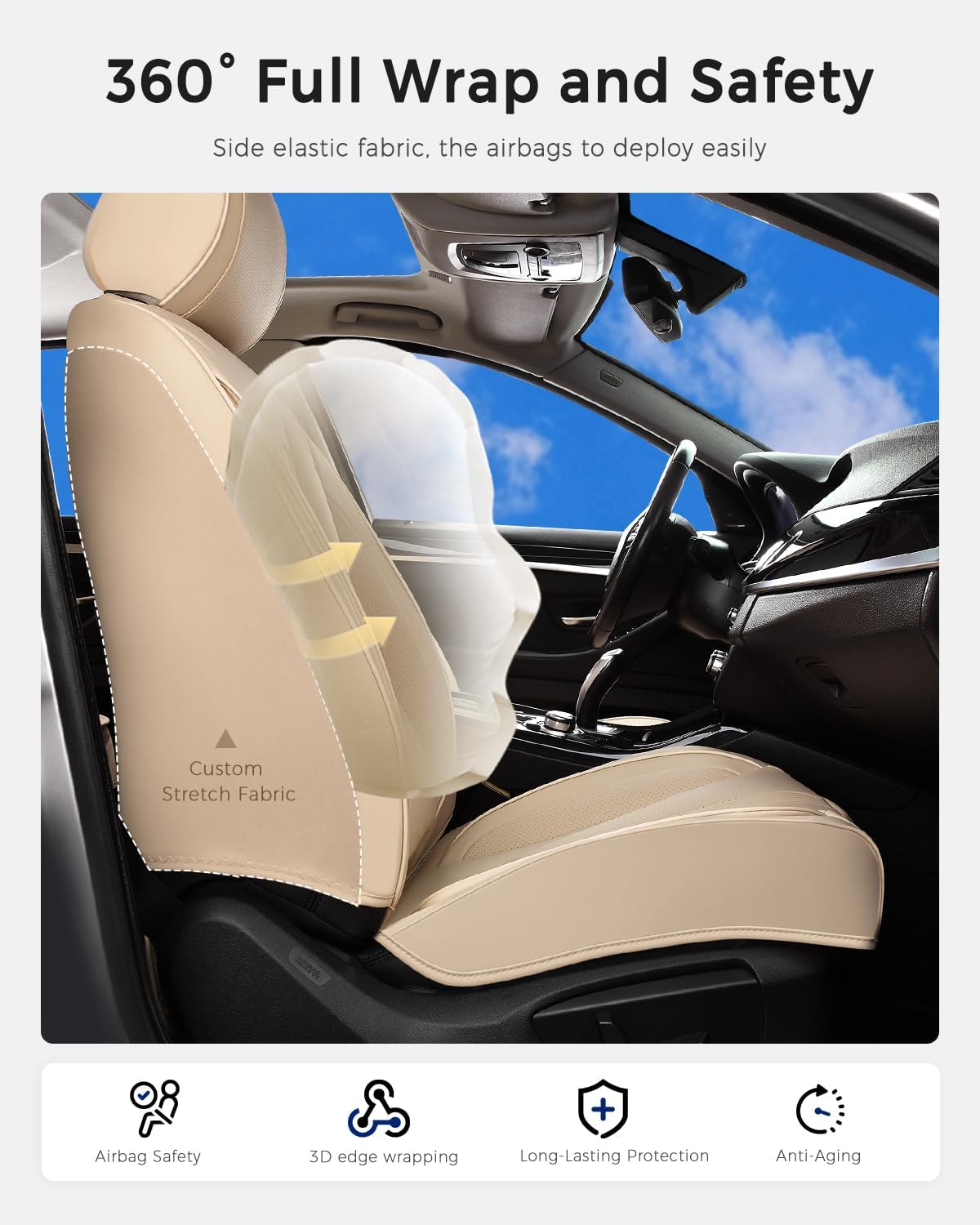 Huidasource Beige Front Seat Cover, Nappa Leather Front Car Seat Cover with Lumbar Support, Ventilation Holes, Elastic Fabric, Airbag, Full-Coverage Seat Covers, Fit for Most Cars SUV Trucks, Beige