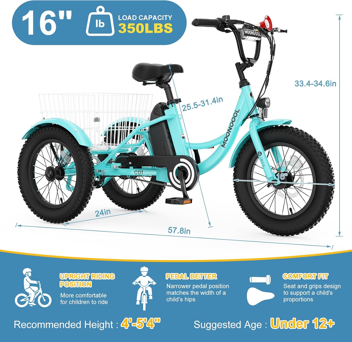 NAIZEA Electric Kids Bike - 16 inch Kids Trike for Boys Girls Age 6-12, e Bike for Children 250W, Kid Balance Bike with Adjustable Seat,Kid's Bikes with Basket, Children Bicycle Multiple Colors