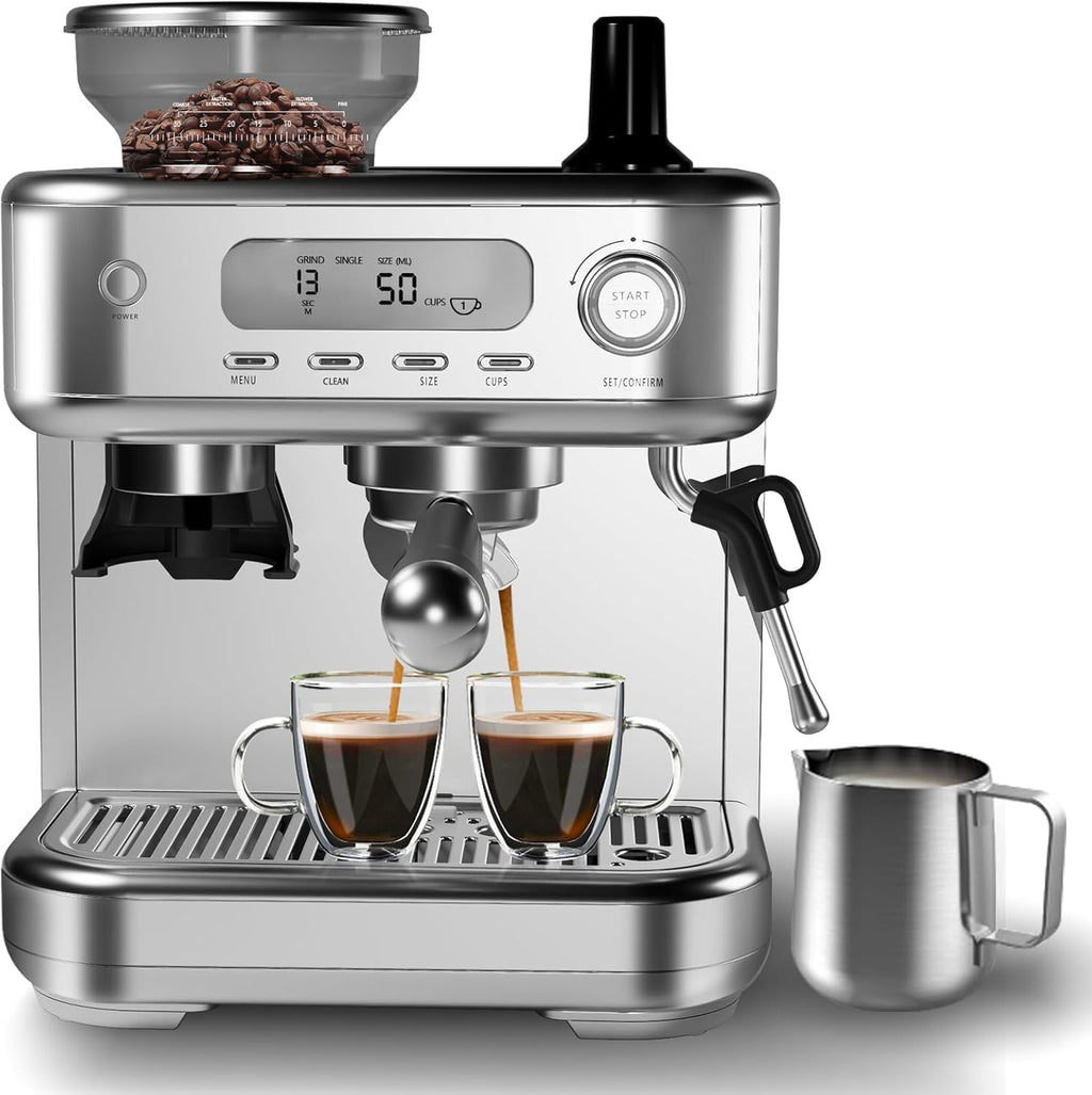 Garvee Espresso Machine Built-In Grinder, High Power Milk Frother, Digital LCD, Stainless Steel (Single/Double Brew)