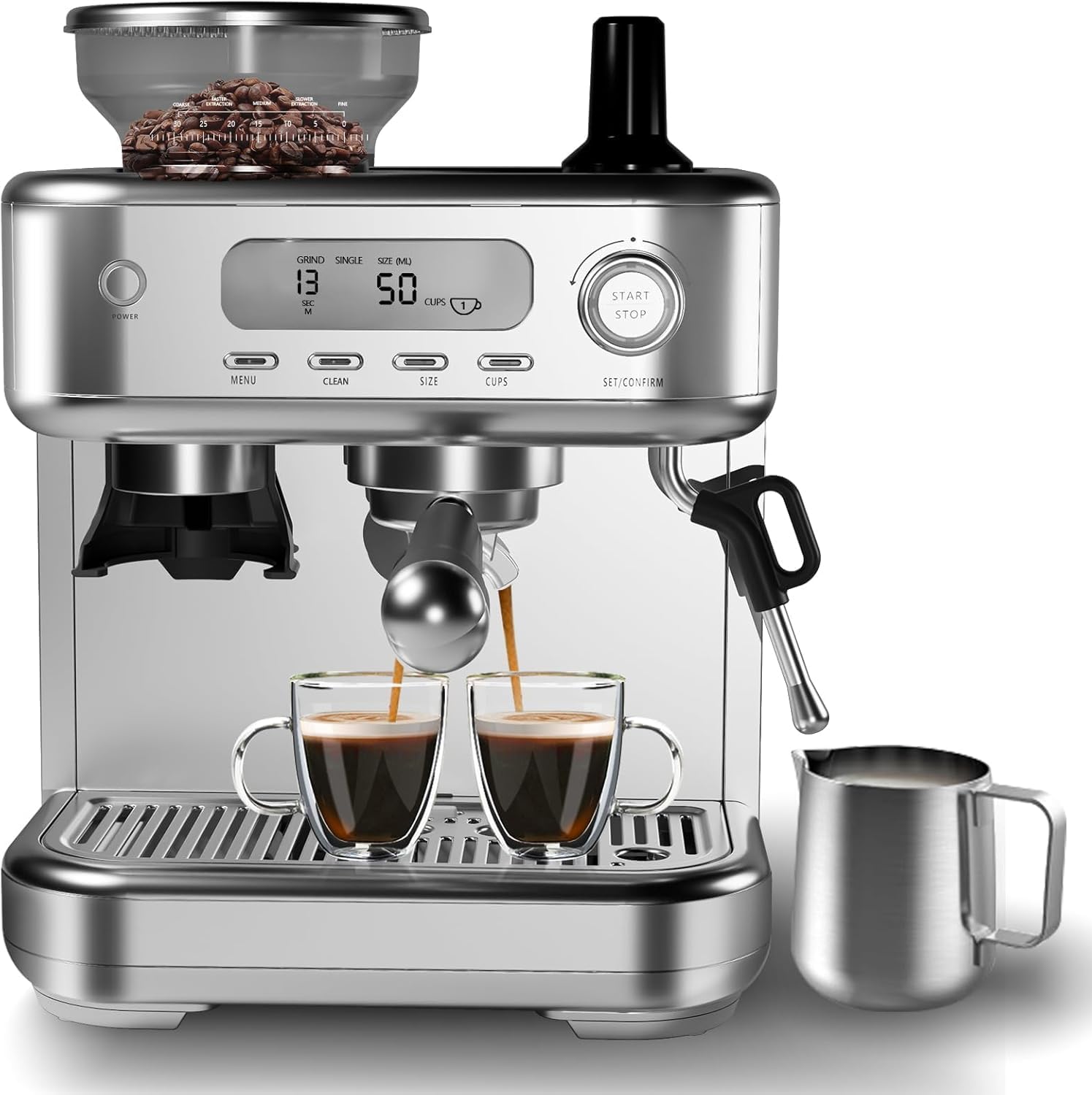 Garvee Espresso Machine Built-In Grinder, High Power Milk Frother, Digital LCD, Stainless Steel (Single/Double Brew)