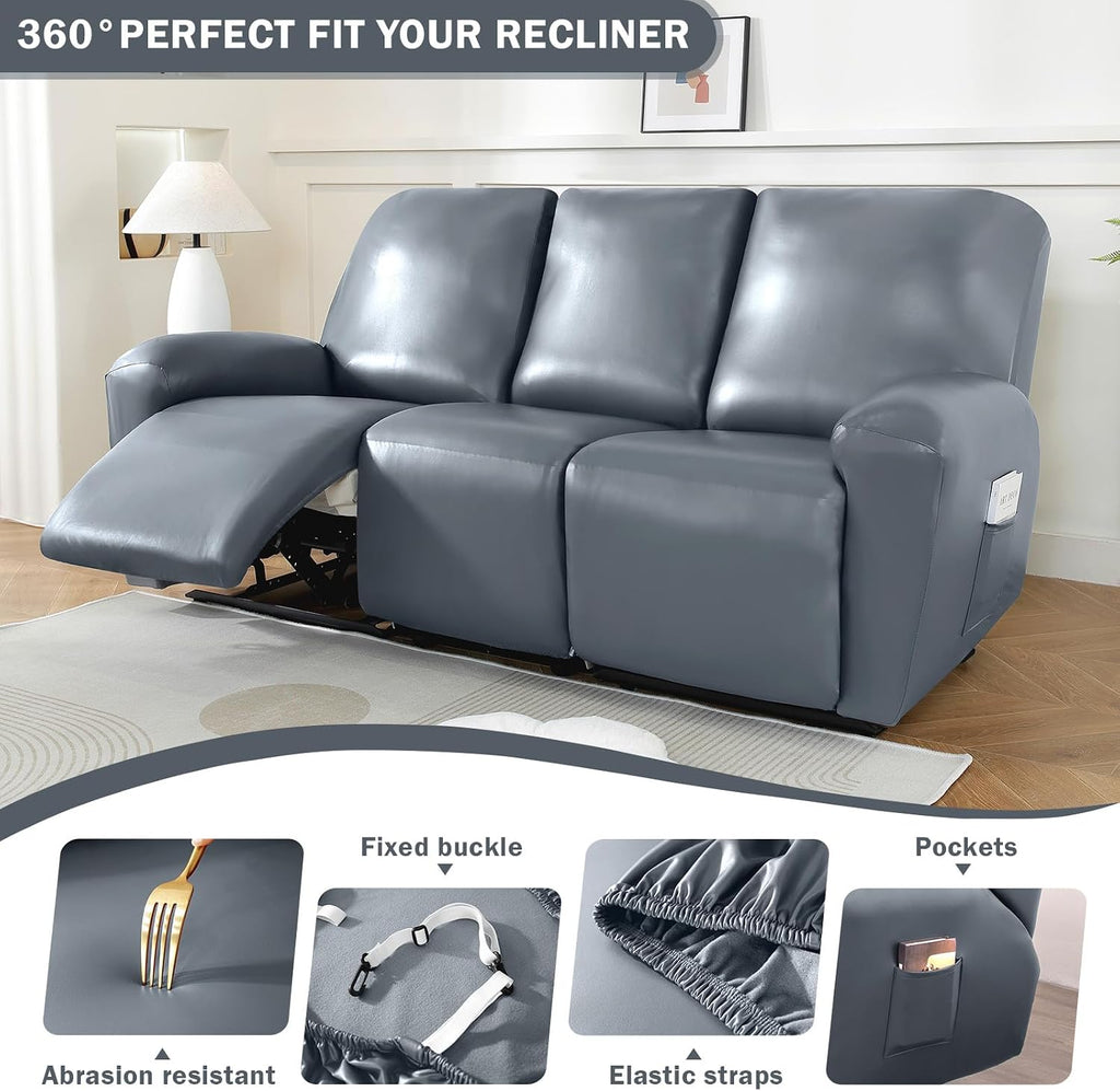 vctops 8 Pieces Waterproof Faux PU Leather Recliner Sofa Covers Stretch Soft 3 Seats Couch Cover Anti-Slip Sofa Slipcover Furniture Protector with Elastic Bottom for Kids Pet(Grey,3 Seat)