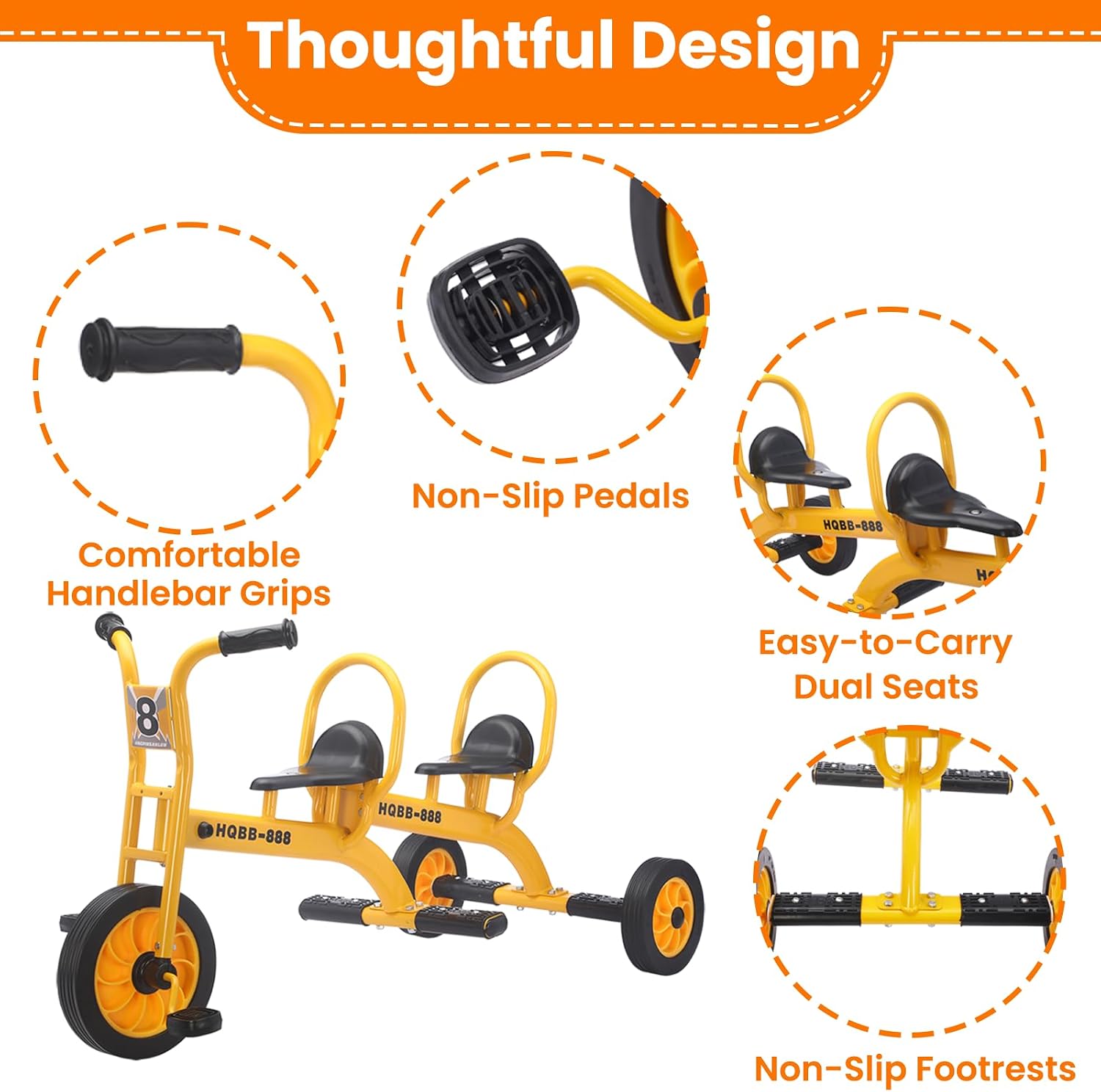 Kids Tricycle for Ages 3-8, Double Kids Trike Bike, Preschool Daycare Outdoor Tandem Bike with Airless Rubber Tires, Two-Seater and Non-Slip Pedals, Gift for Boys and Girls