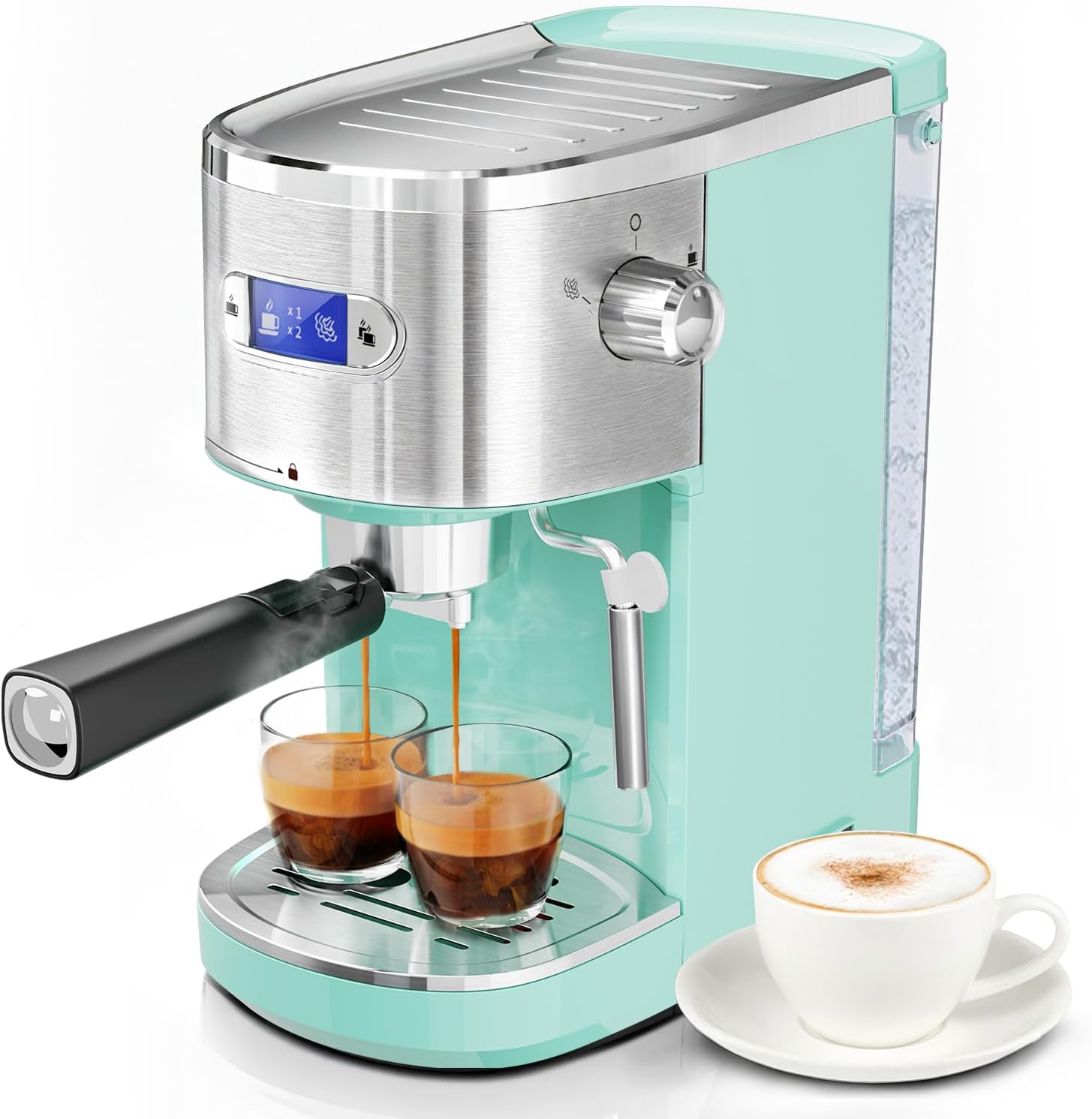 20 Bar Espresso Machine Semi-Automatic, Professional Coffee Maker with Milk Frother Steam Wand & 45OZ Removable Water Tank, Home Barista System for Cappuccino, Latte, Americano-Stainless Steel-Green