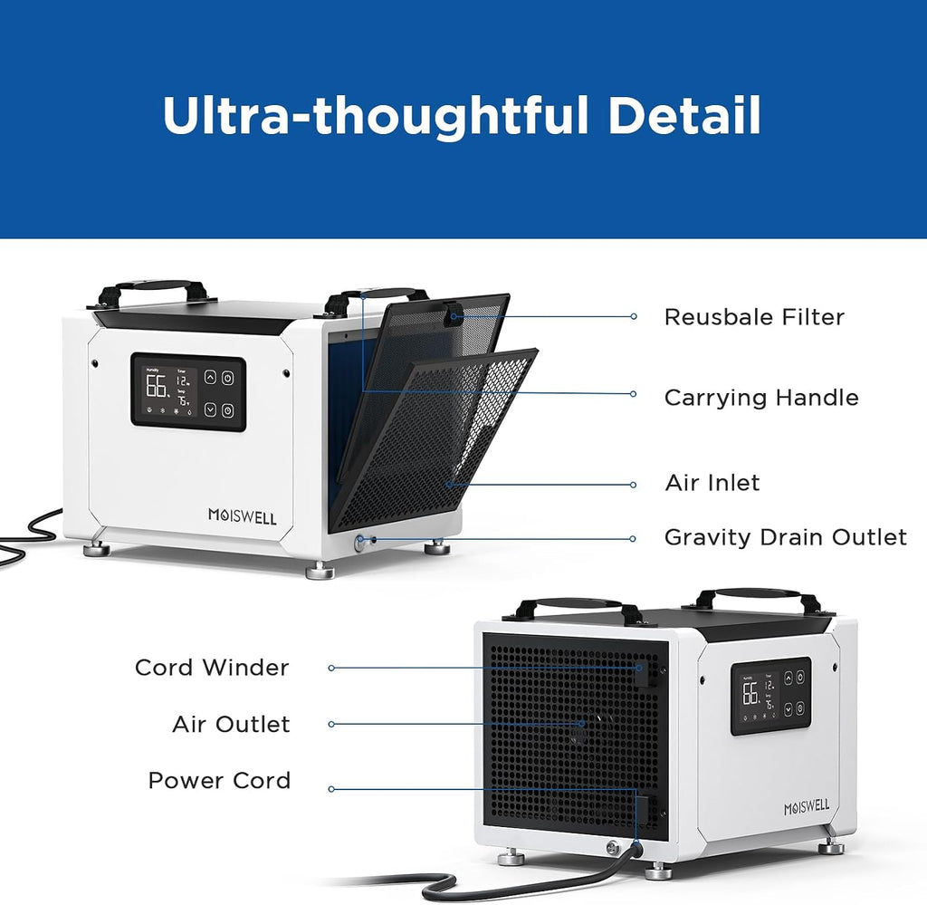 70 Pints Commercial Dehumidifier with Drain Hose, Compact Crawl Space Dehumidifiers for Basement and Home, Energy Star Certified, Automatic Defrost | MOISWELL Defender ME-7