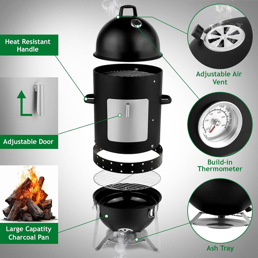 LEADZM 4-Tier 3-in-1 Vertical Charcoal Grill, BBQ Charcoal Smoker with Built-in Thermometer, Air Vent, and Access Doors, Perfect for Camping, Picnics, Backyard BBQs, and Tailgating Parties