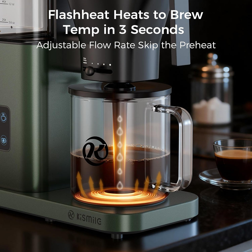 Kismile SCA-Certified 8 Cup Drip Coffee Maker, Pour Over Coffee Machine with 3s Instant Heat 197–205℉, Adjustable Flow Control, Removable Water Tank, Deep Cold Brew & 40 Min Keep Warm (Juniper)
