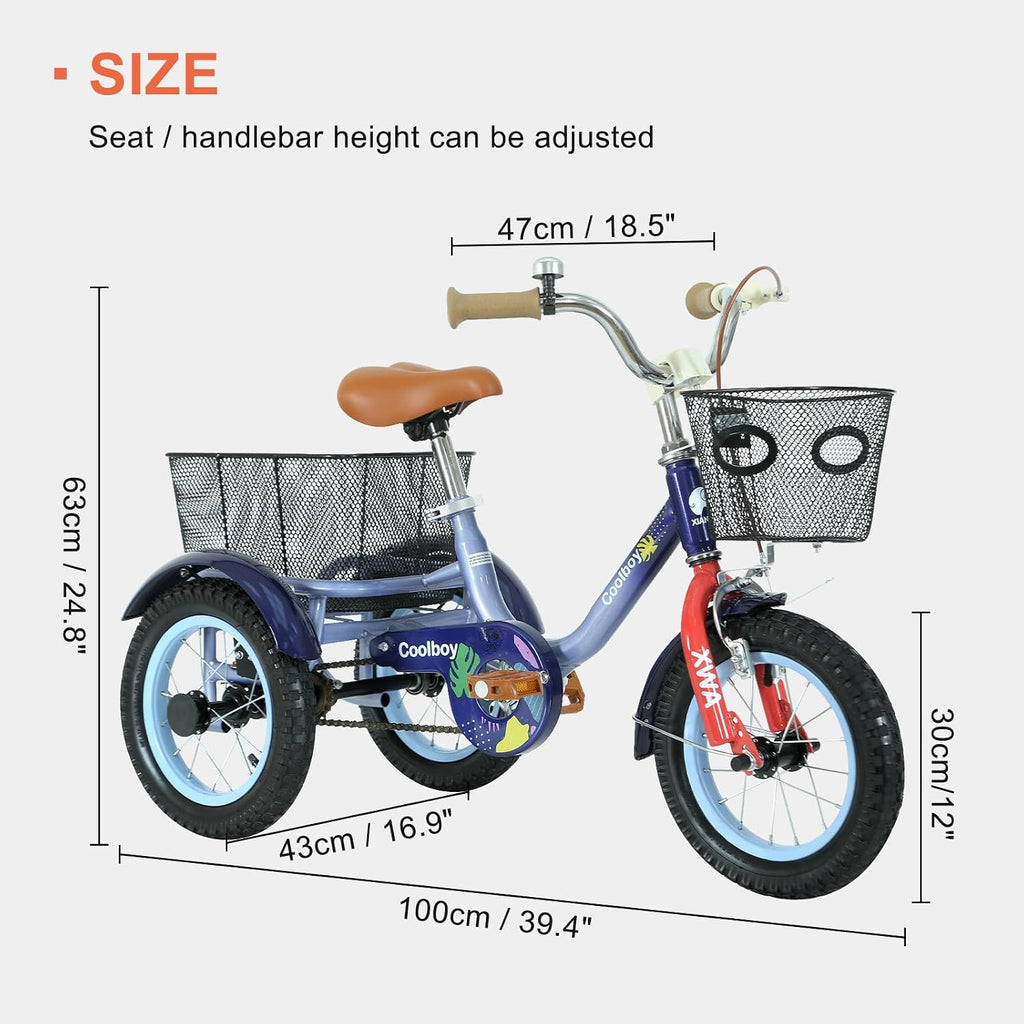 12 inch Trike,Kids Tricycle,Kids Trike,for Ages 3+ Beginner Riders, with Front Rear Basket and Passenger Seat, for Shopping Picnic Outdoor Kids Playground Sports,Multiple Colors
