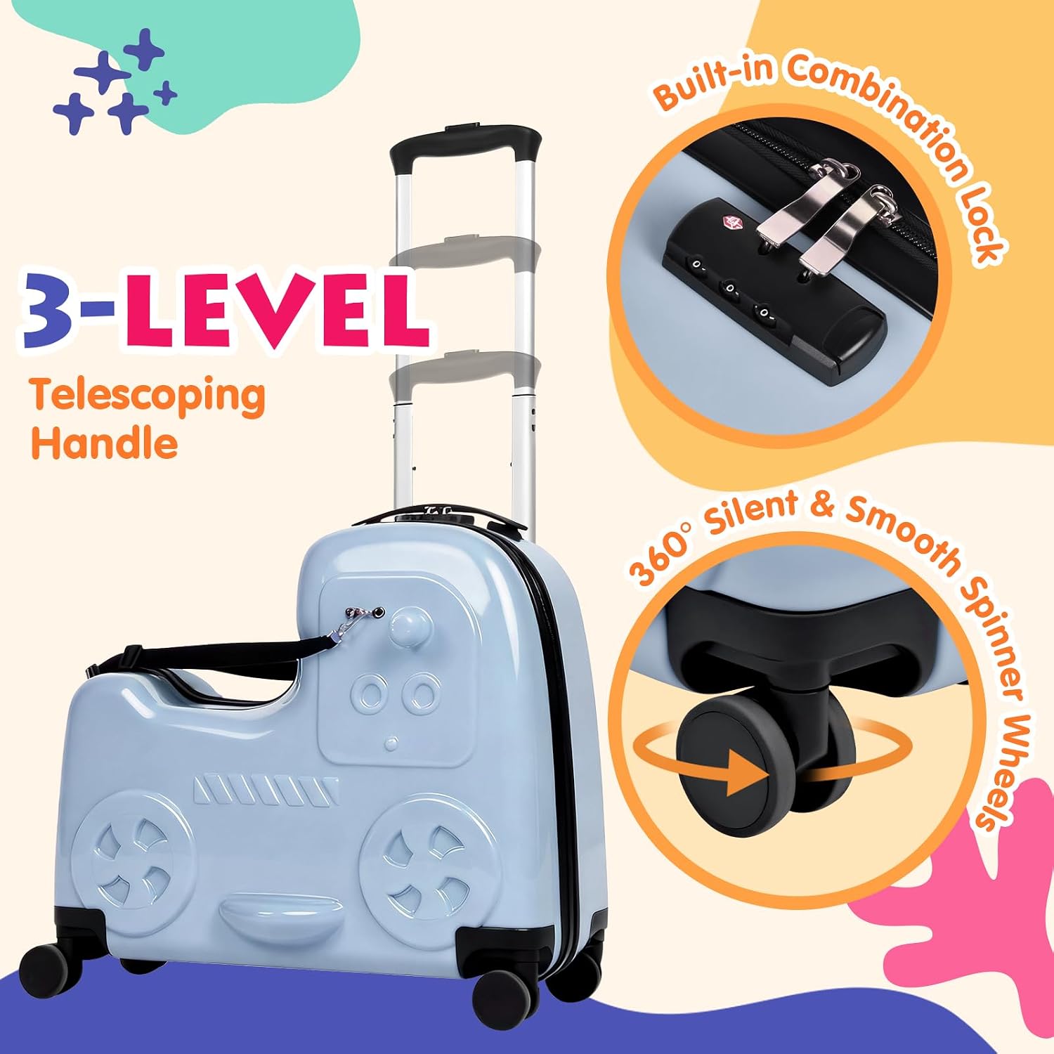 smilesun 22' Kids Ride-On Suitcase with Safety Strap, Multifunctional Kids' Luggage with Double Spinner Wheels, Durable and Lightweight for Boys and Girls Ages 2-10 (Blue, 22-inch)