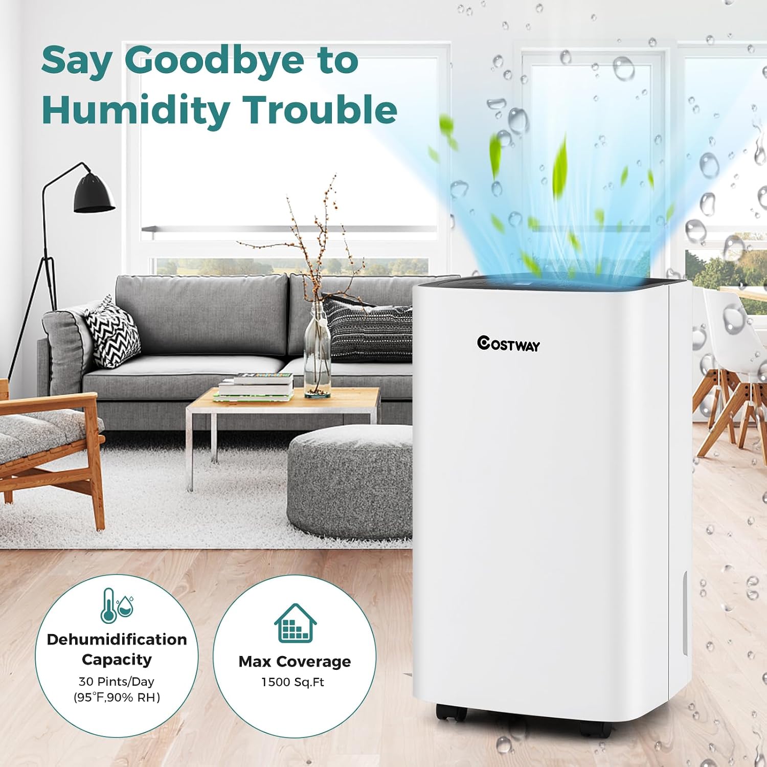 COSTWAY Dehumidifier for Large Room and Basements, Portable 30 Pints Dehumidifier with 3 Modes, 2 Speeds, Low Noise, 24H Timer, Auto or Manual Drainage