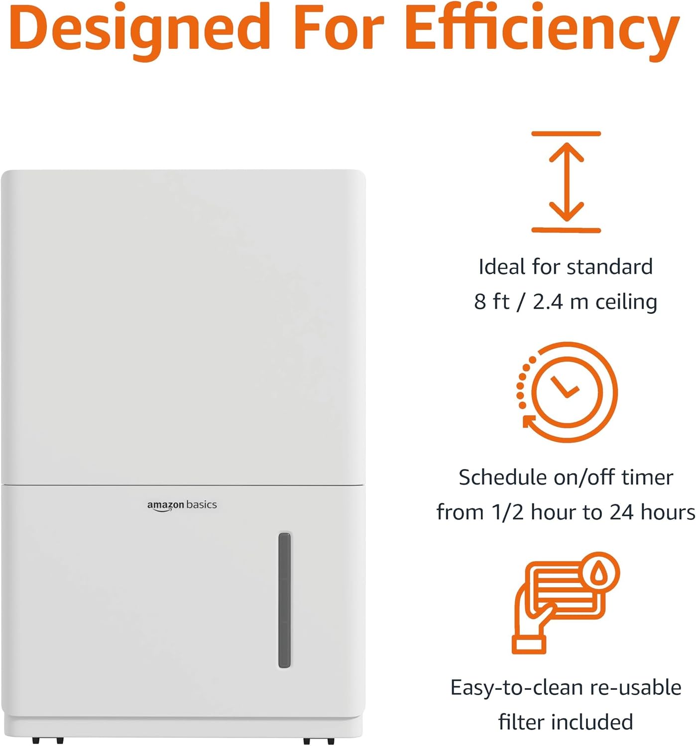 Amazon Basics 35-Pint Large Dehumidifier for Home, Humidity Control, Auto-Defrost, Timer, Overflow Protection, for Rooms up to 2500 SFT, White