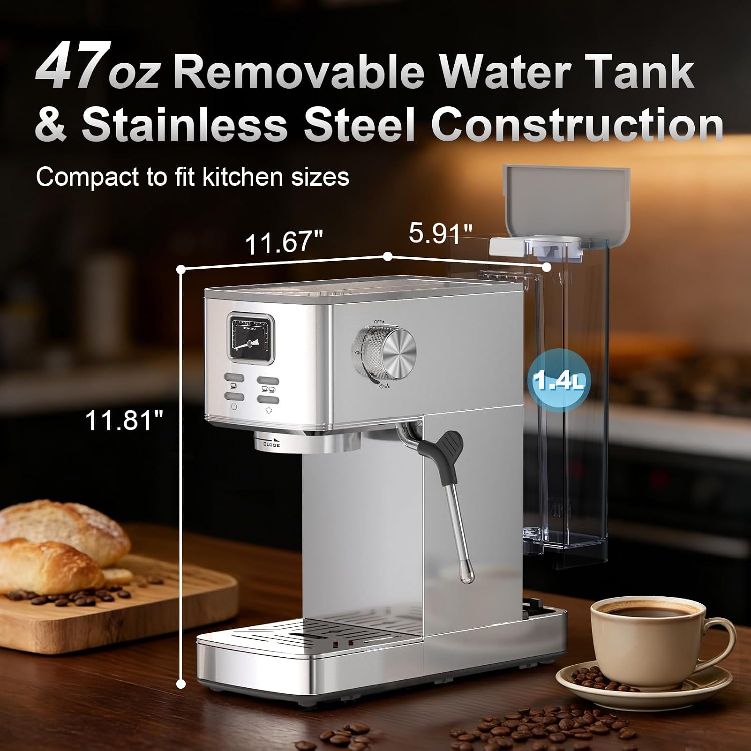 Electactic Espresso Machine 20 Bar, Stainless Steel Coffee Machine with Steam Milk Frother & 47oz Removable Water Tank, Hot Water Function for Home Cappuccino, Latte