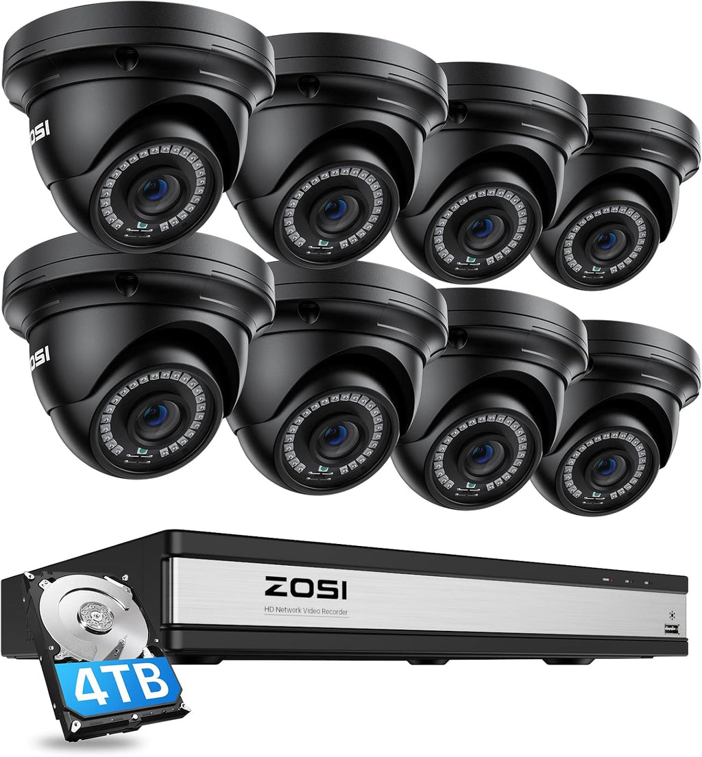 ZOSI H.265+ 4K 16CH PoE Security Camera System, 8 X Wired 5MP (3K) Dome PoE IP Cameras Outdoor Indoor, 16CH NVR with 4TB HDD for 24/7 Recording, 80ft Night Vision, Motion Detection, Remote Access