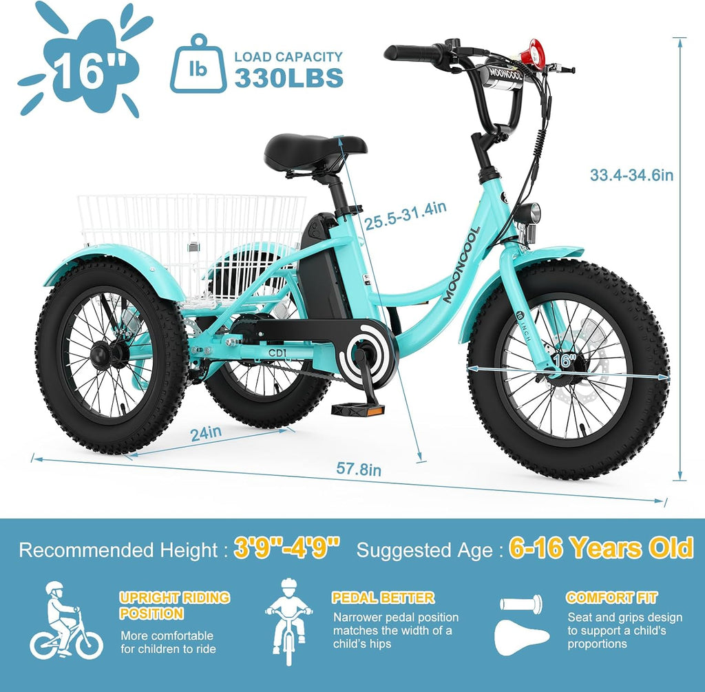 16 Inch Kids Electric Tricycle, 250W 24V Fat Tire Electric Trike, 3 Wheels Electric Bike Cruiser Bicycle, Aluminum Frame Motored Trike with Adjustable Seat and Removable Battery, Cyan
