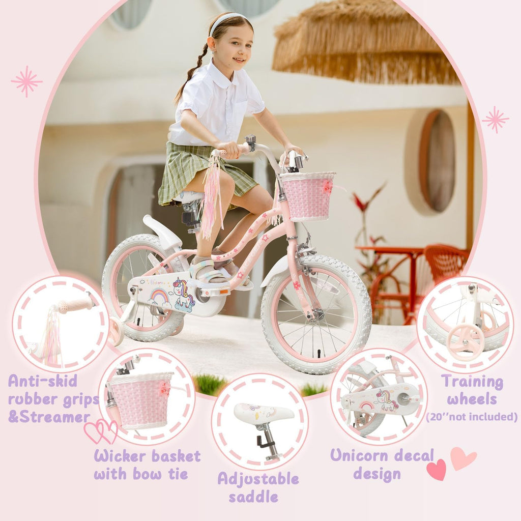 Bixike Princess Style Girls Bike with Basket for 2-13 Years Old Kids and Toddlers, 12 14 16 18 Inch Bicycle for Children with Training Wheels and Streamers, 20 Inch with Kickstand, Multiple Colors