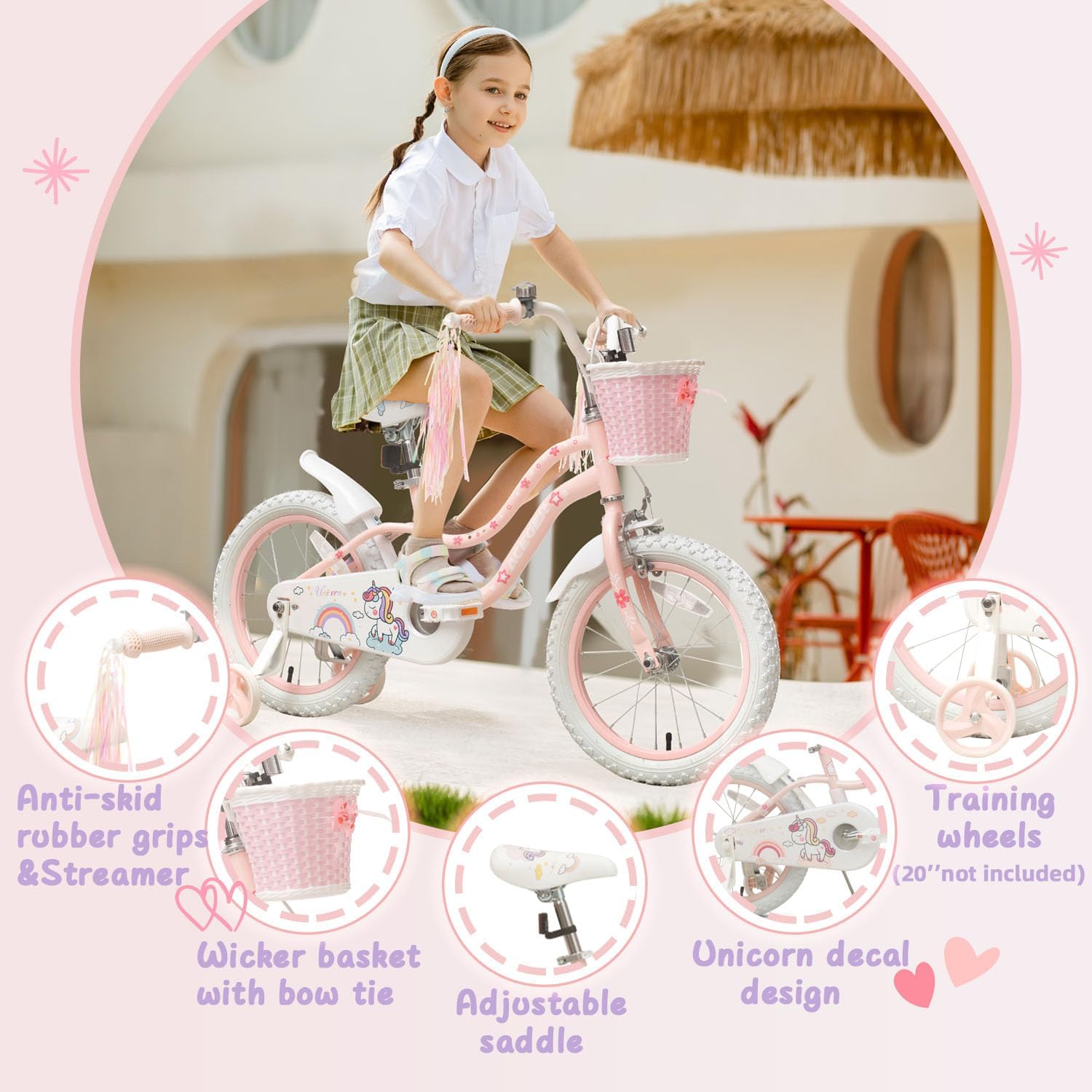 Bixike Princess Style Girls Bike with Basket for 2-13 Years Old Kids and Toddlers, 12 14 16 18 Inch Bicycle for Children with Training Wheels and Streamers, 20 Inch with Kickstand, Multiple Colors