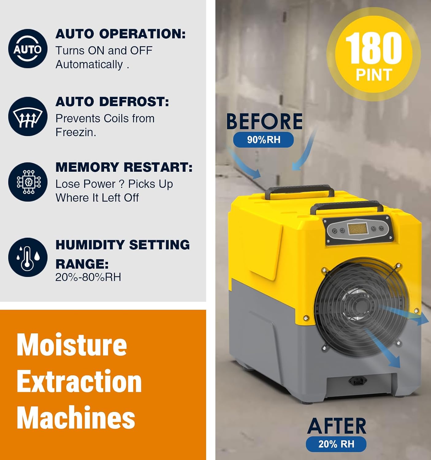 Mounto 150 Pints Compact Commercial Dehumidifier, LGR Technology, Built-in Pump, ETL Certified, Ideal for Large Spaces, Water Damage Restoration, Industrial Use (Yellow)