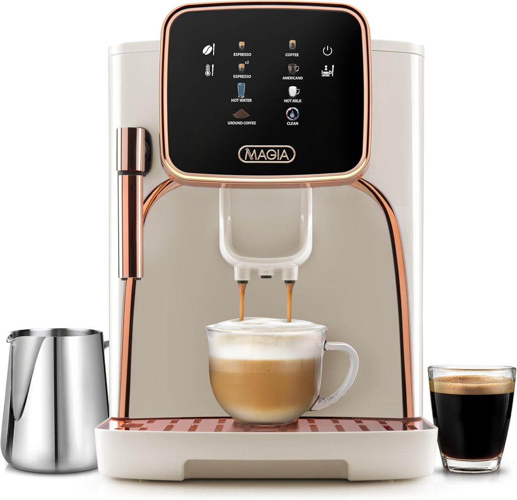 Zulay Kitchen Magia Clasica - Fully Automatic Espresso Machine With Grinder - Touch Screen Coffee Maker With One-Touch Operation - Milk Foam System For Latte, Cappuccino, Macchiato - Cream Copper