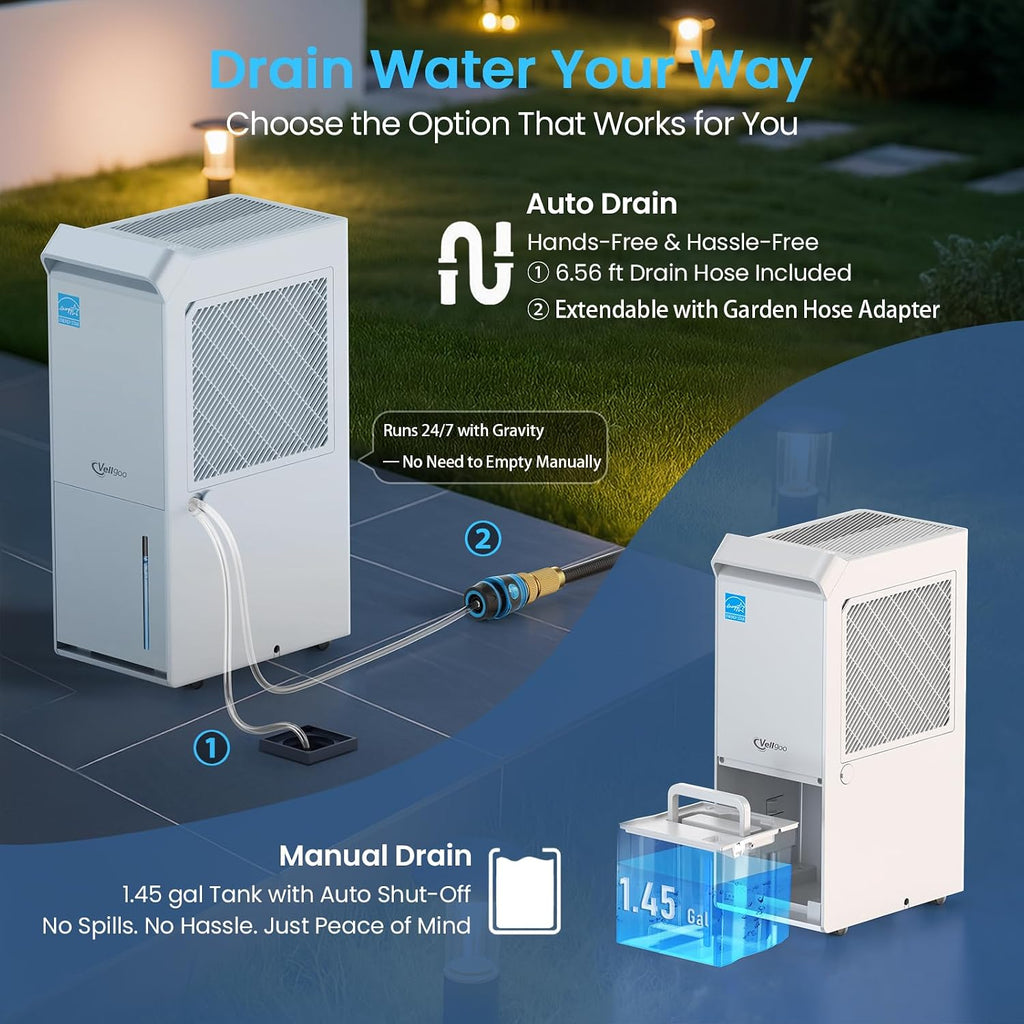 4,000 Sq.Ft Most Efficient Energy Star 2024 Dehumidifier,Vellgoo Max 64 Pint/D Dehumidifier for Basement with Drain Hose, Smart Humidity Control, for Home, Bathroom, Garage