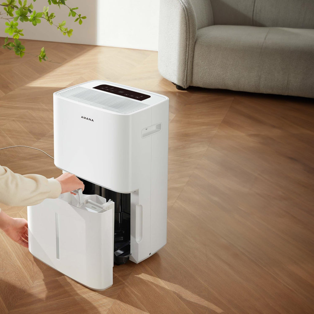 Amana 50-Pint Portable Dehumidifier with Pump for Basement, Garage, Living Room, Attic, 115V, with Auto-Shutoff and Timer, Energy Star, White