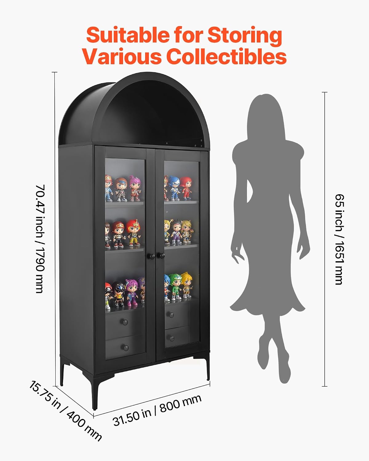 VEVOR Arched Kitchen Pantry Cabinet with Glass Doors, 70in Tall Curio Cabinet, 4-Tier Display Case with 2 Adjustable Shelves, Bookcase Bookshelf for Collectibles Storage Bedroom Living Room Office