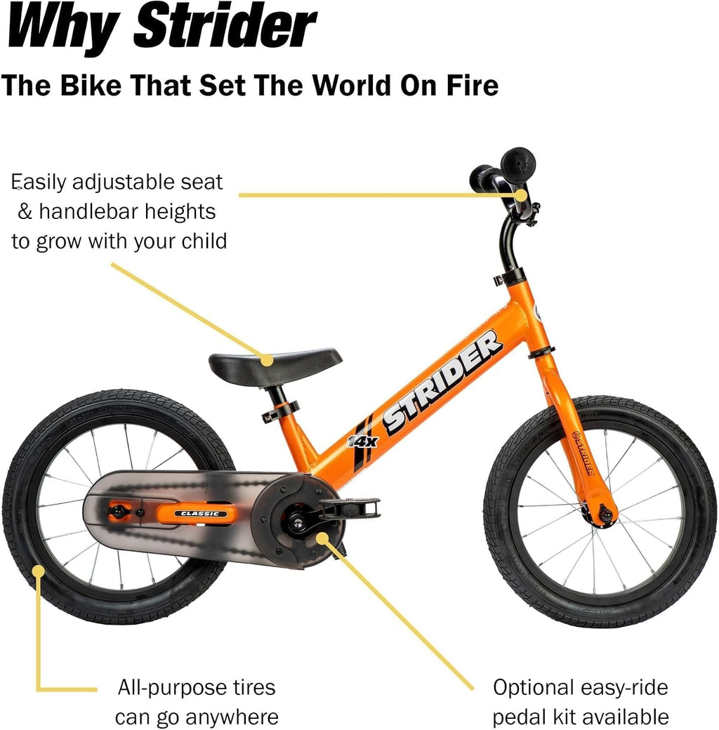 Strider 14x Classic, Balance Bike for Kids 3 to 6 Years - Includes Custom Grips, Padded Seat, Performance Footrest & All-Purpose Tires - Easy Assembly & Adjustments