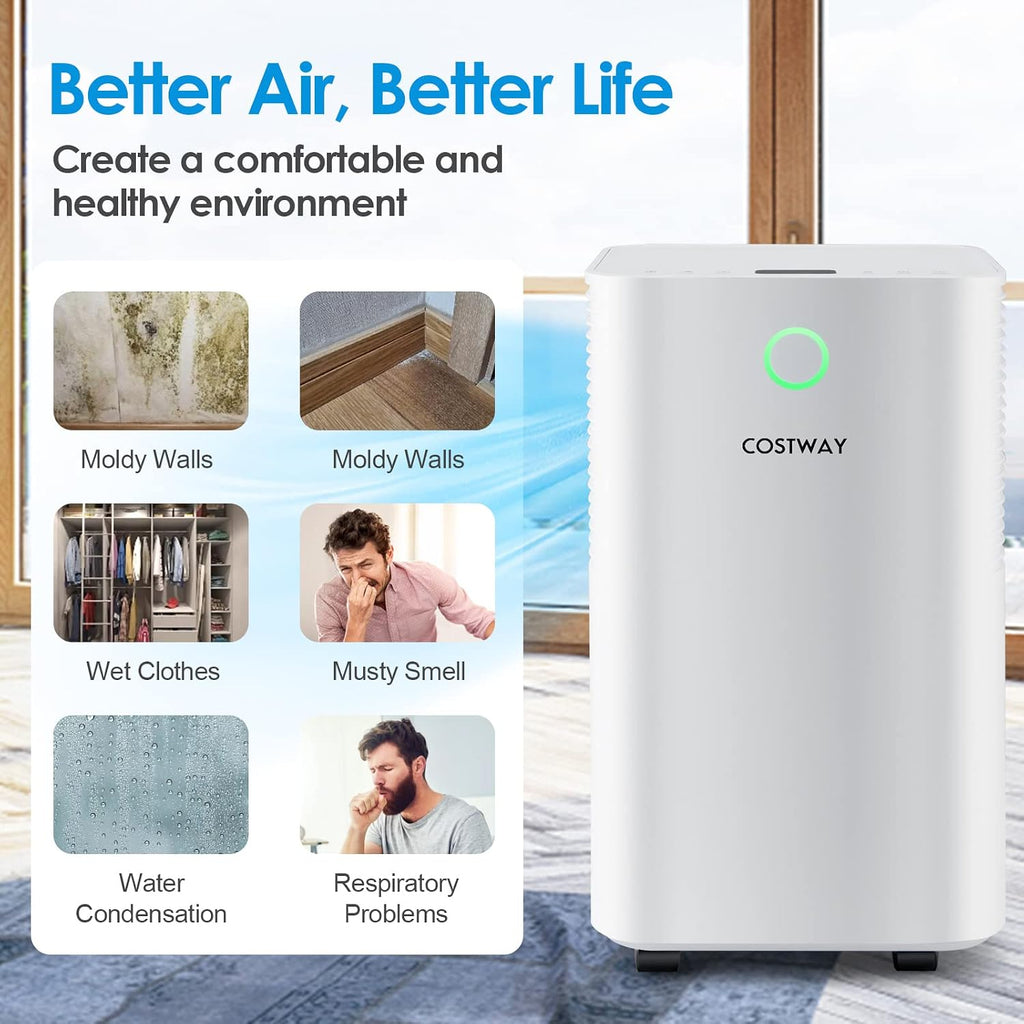 COSTWAY 2,000 Sq. Ft Dehumidifier for Home, 32 Pint Dehumidifier with 3 Modes, 2 Speeds, LED Touch Control Panel, 24H Timer Child Lock & Overflow Protection, Bedroom, Basement