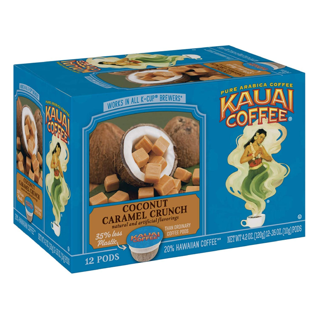 Kauai Coffee Pods Compatible with K-Cup Pods for Keurig Brewers – 20% Hawaiian Arabica – Medium Roast, Rich, Smooth, No Bitterness – Coconut Caramel Crunch, 6 Packs of 12 Single Serve Cups