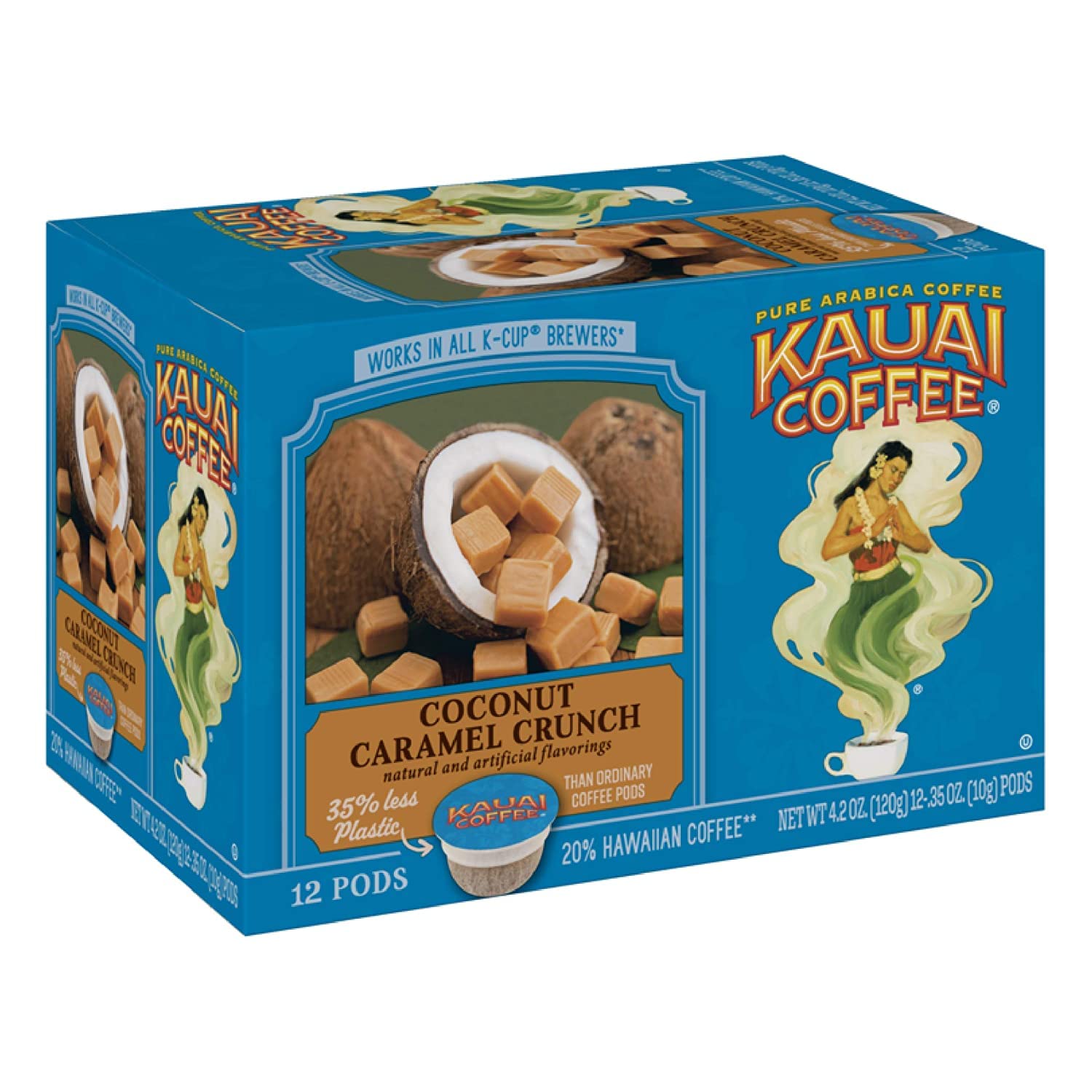 Kauai Coffee Pods Compatible with K-Cup Pods for Keurig Brewers – 20% Hawaiian Arabica – Medium Roast, Rich, Smooth, No Bitterness – Coconut Caramel Crunch, 6 Packs of 12 Single Serve Cups