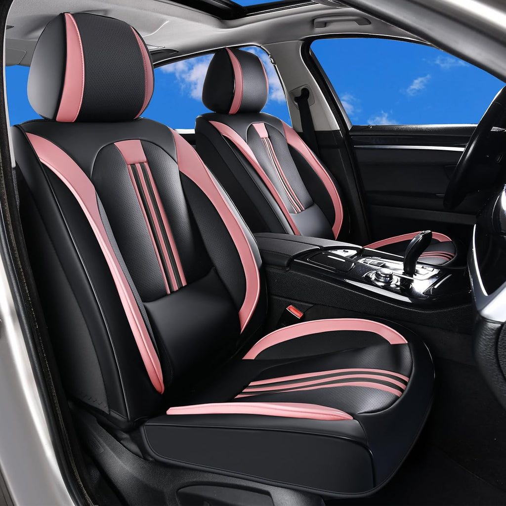 Huidasource Car Seat Cover, Seat Covers Nappa Leather with Lumbar Support, Side Elastic Fabric, Velcro Adjustable, Airbag, Ventilation Heating, Universal Fit for Most Cars SUV Trucks, Black＆Pink