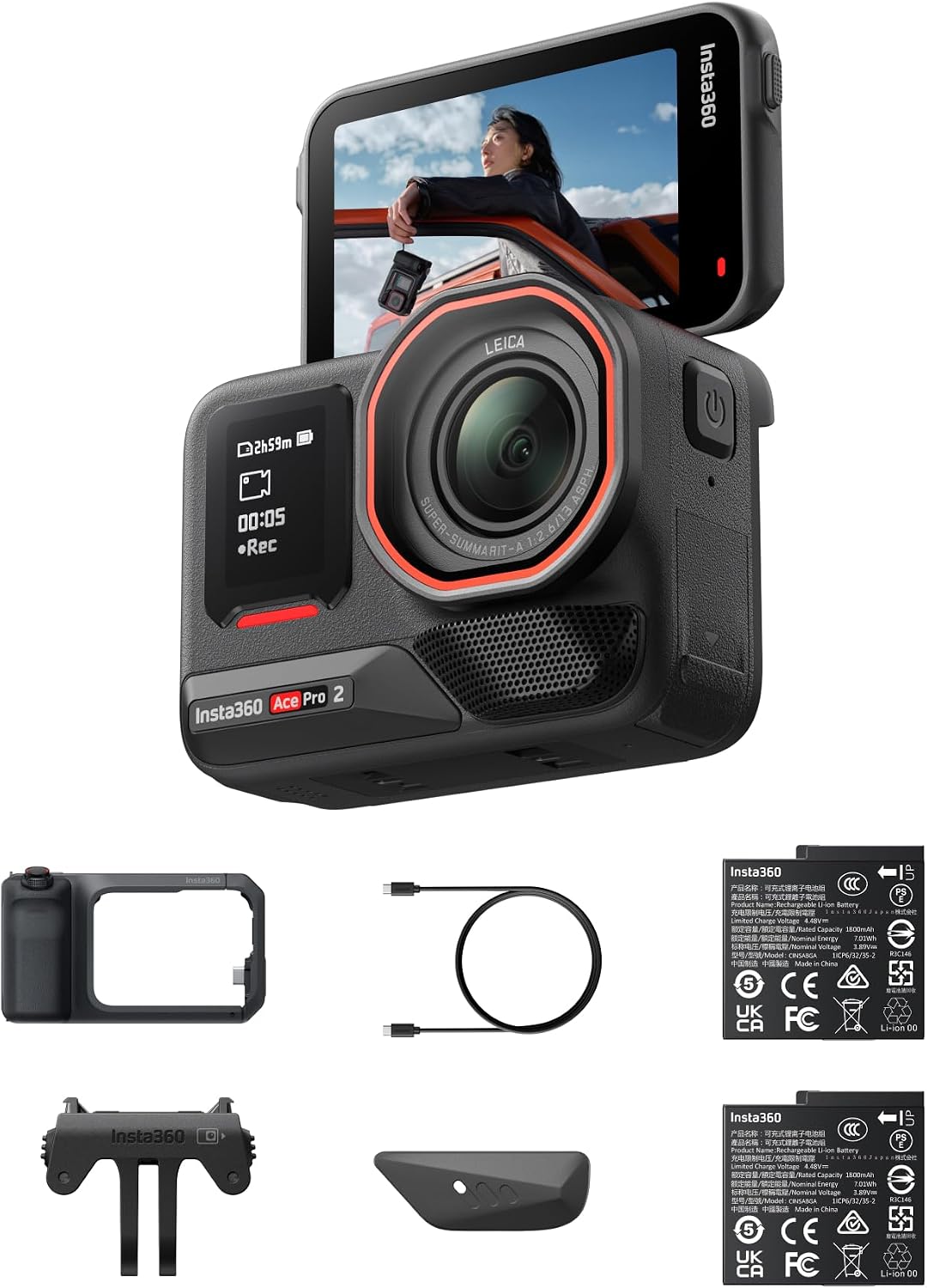Insta360 Ace Pro 2 Xplorer Pro Bundle - 8K Waterproof Action Camera Co-Engineered with Leica, 1/1.3' Sensor, Dual AI Chip, Leading Low Light, Xplorer Grip Pro Kit for Street Photography