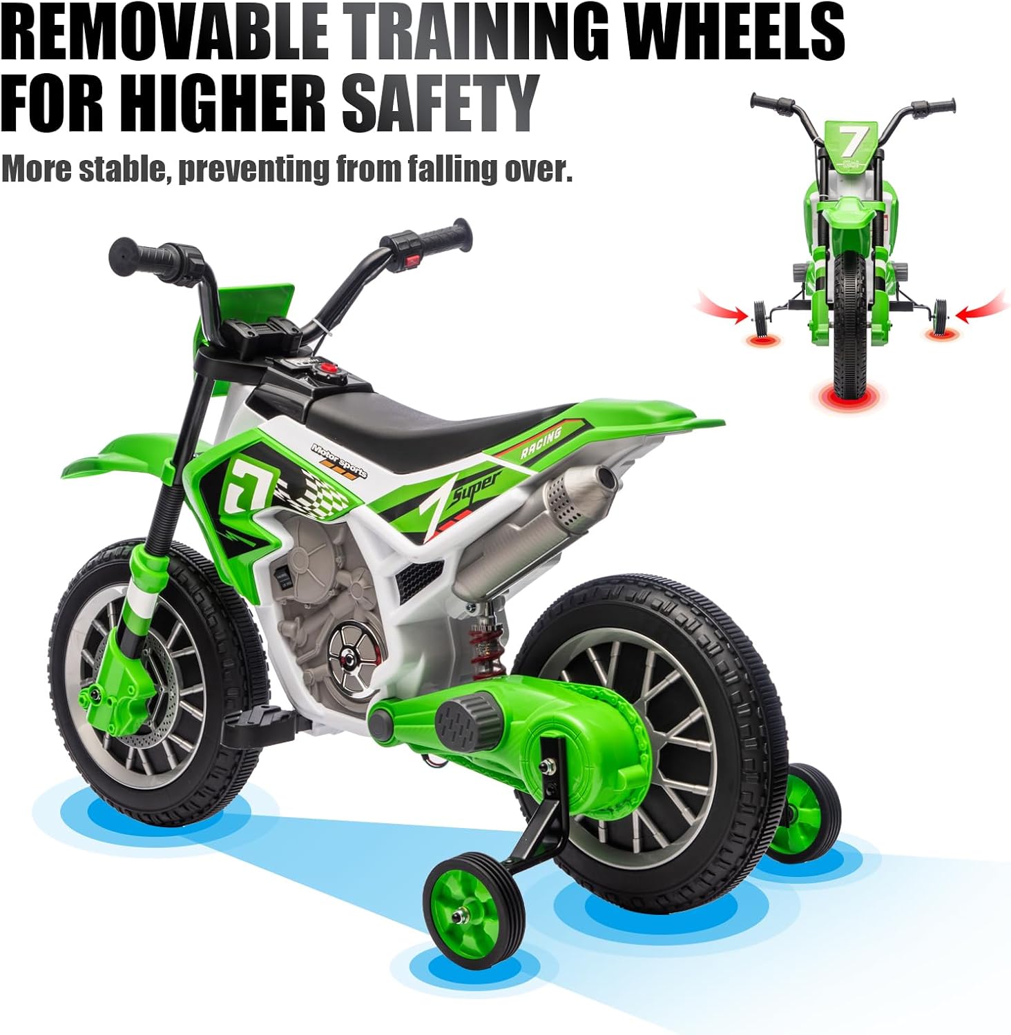 JOYLDIAS Kids Motorcycle Dirt Bike, 12V7AH Battery-Powered Ride On Motorcycle for Kids, Off-Road Street Bike w/Training Wheels, Music, Spring Suspension, High/Low Speeds, Green