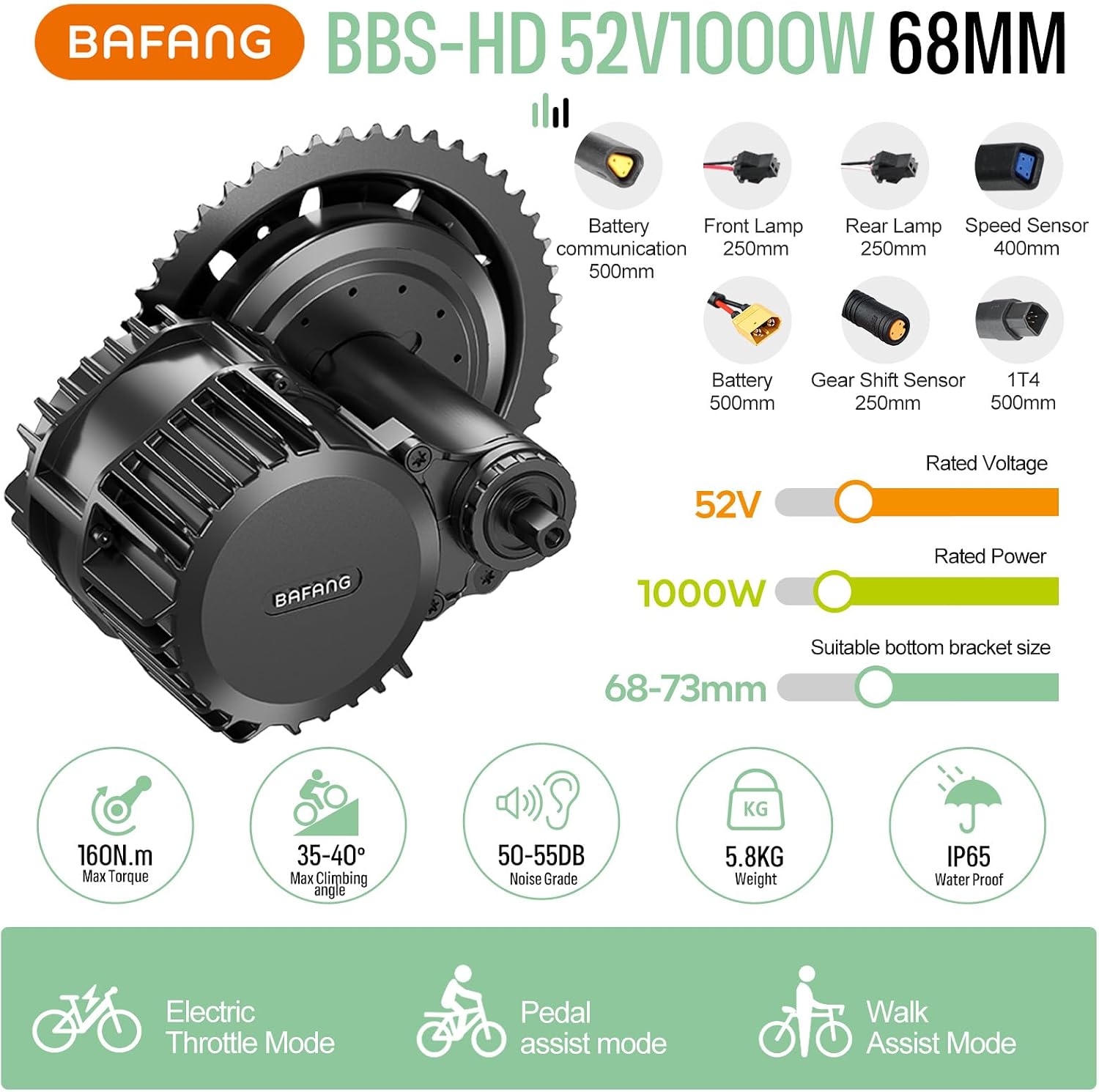 BAFANG 1000W Mid Drive Kit 52V BBSHD 68MM Ebike Conversion Motor Kit, Electric Bike M615 Optional 500C DM03 P860C C18-9 B02N T1 Display with 52V 20Ah Yingwu Battery