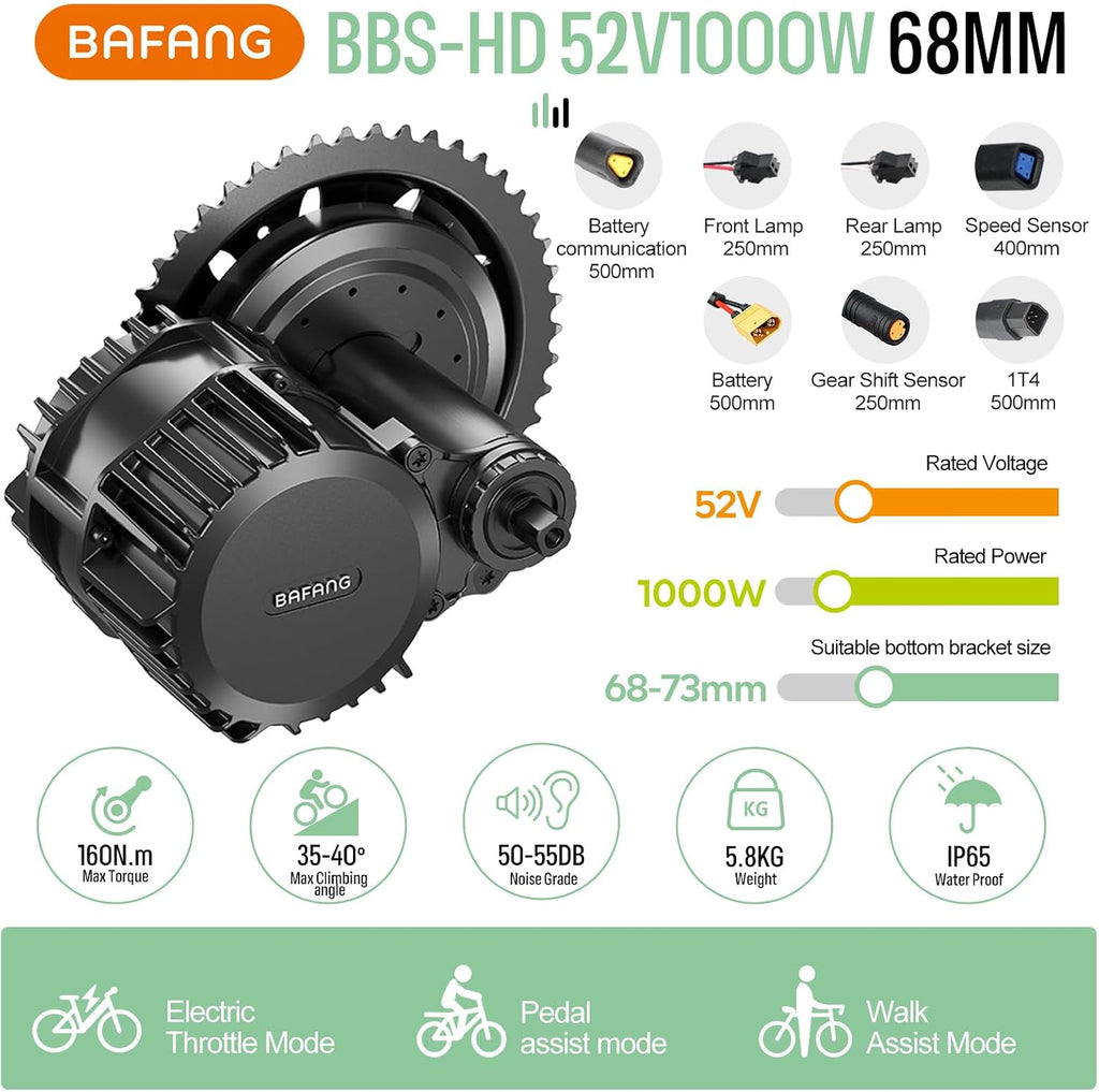 BAFANG 1000W Mid Drive Kit 52V BBSHD 68MM Ebike Conversion Motor Kit, Electric Bike M615 Optional 500C DM03 P860C C18-9 B02N T1 Display with 52V 20Ah Yingwu Battery