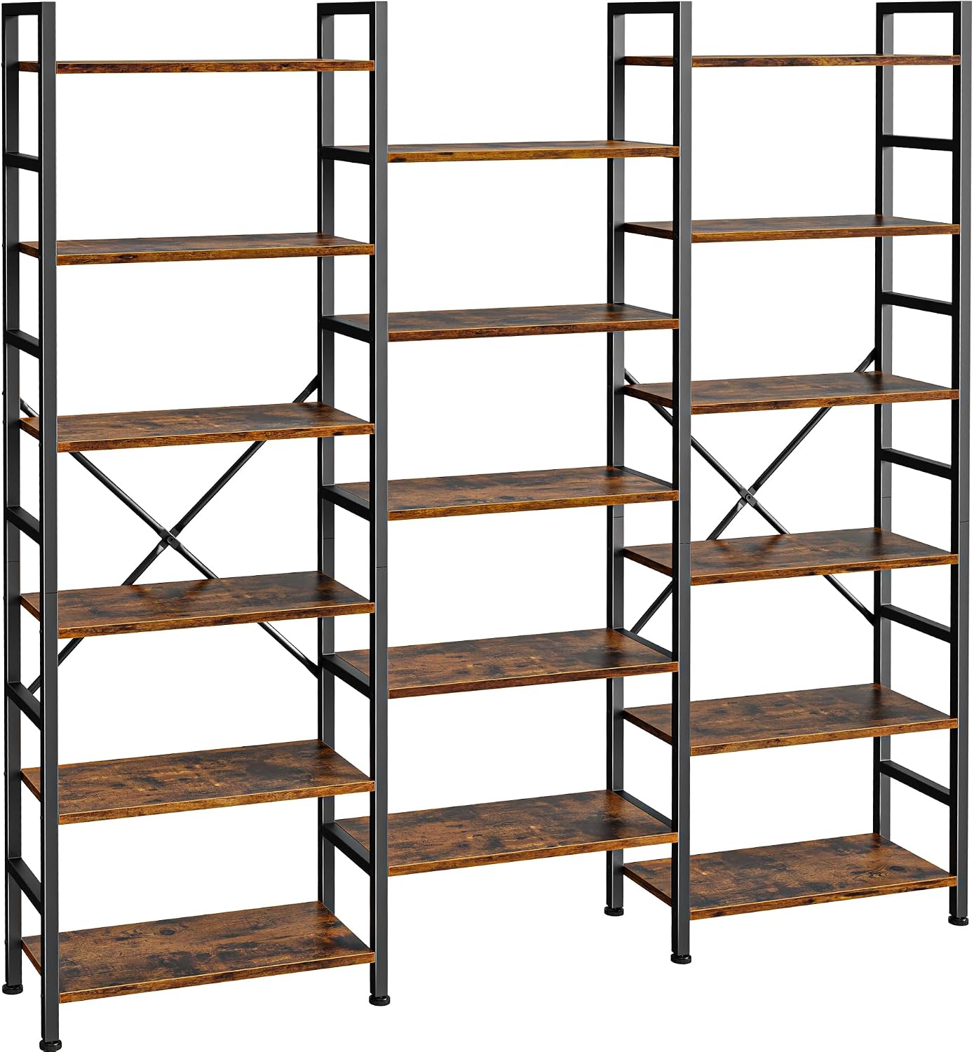 SUPERJARE Triple Bookshelf, Bookcase with 17 Open Display Shelves, Wide Book Shelf Book Case for Home & Office, 6 Tier, Brown