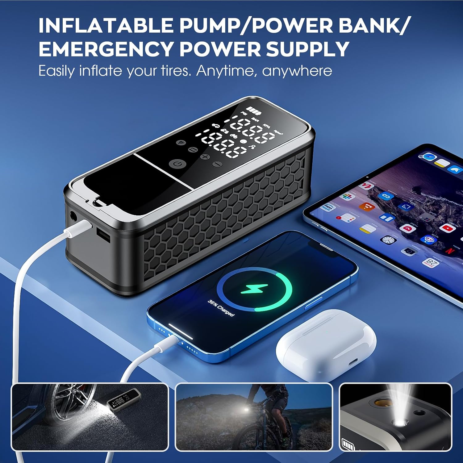 160PSI Tire Inflator Portable Air Compressor, 6000mAh Portable Tire Inflator for Car Portable Air Pump with Tire Gauge Pressure & LED Light Air Pump for Car Tires Cordless Bike Pump for Car